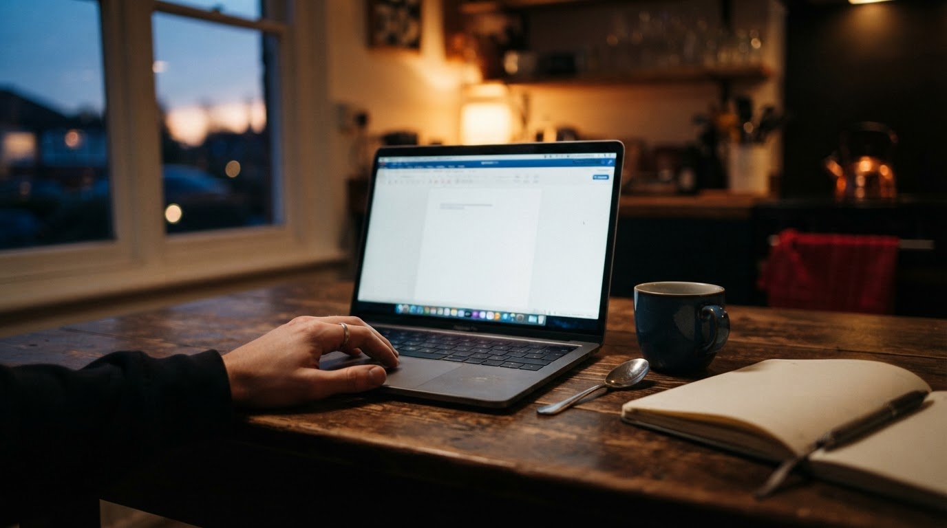 An unsigned agreement on a laptop screen on a kitchen table at dusk, a hand resting on the trackpad