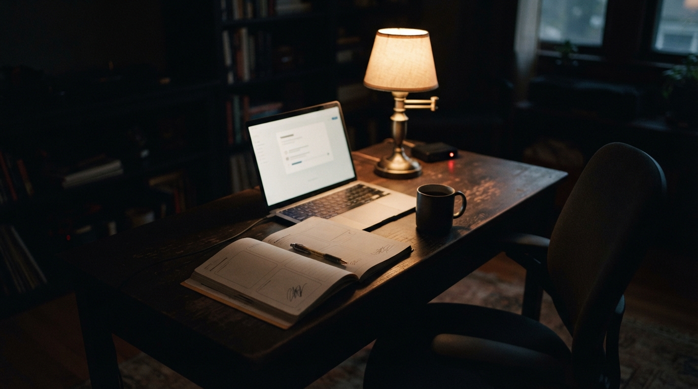 An empty desk chair beside a glowing laptop in a dark home office at night, next to a coaching workbook and a cold cup of coffee.