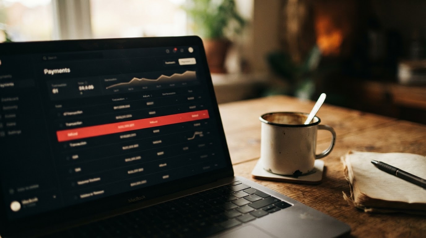 Laptop on a kitchen table showing a payments dashboard with refunds highlighted in red