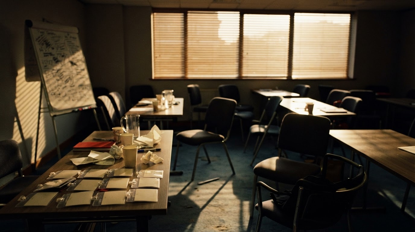 An empty corporate training room with a flip chart, scattered chairs and leftover name badges