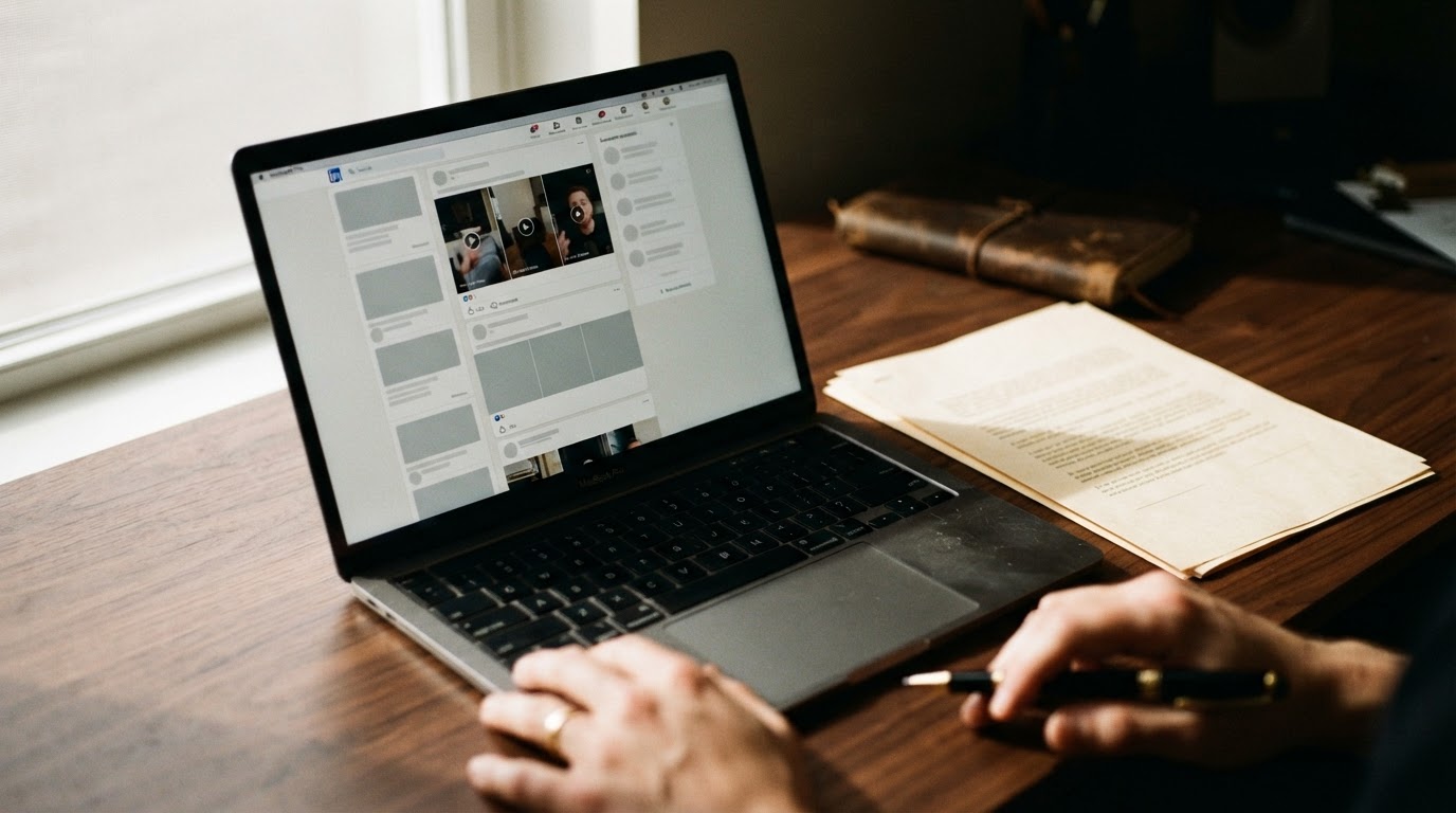 A laptop showing a professional video feed next to a printed contract and pen on a dark desk