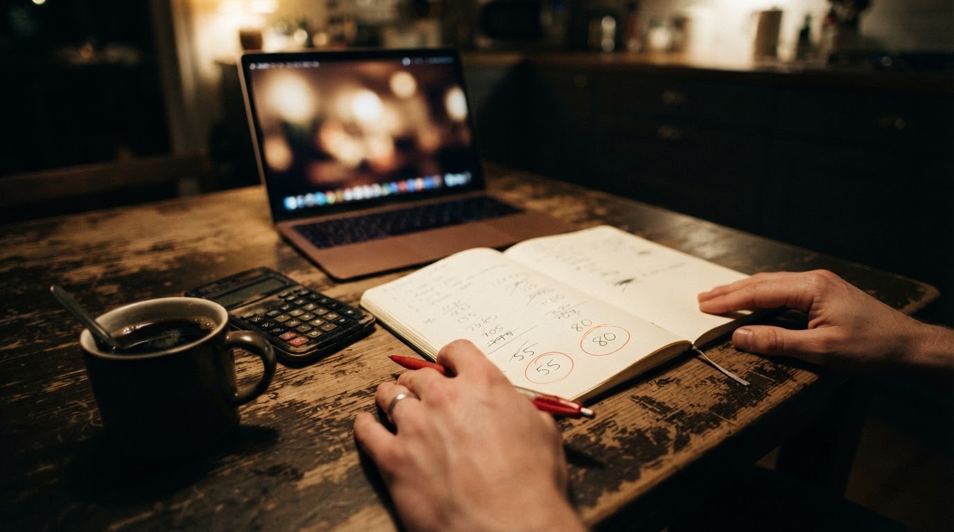 A notebook on a kitchen table with two hourly rates written and circled in red pen, beside a calculator and a laptop