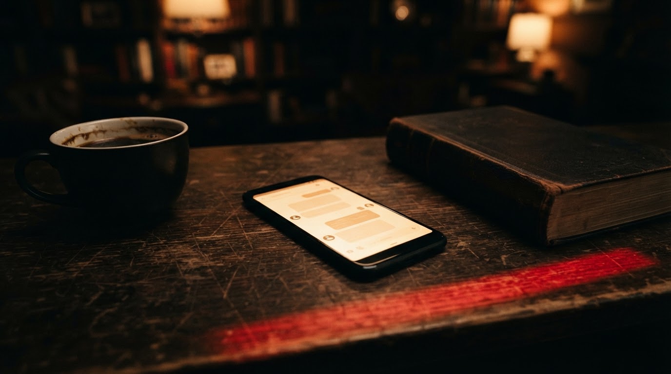 A phone showing a chat app glowing on a dark table beside a closed law book and a coffee cup.