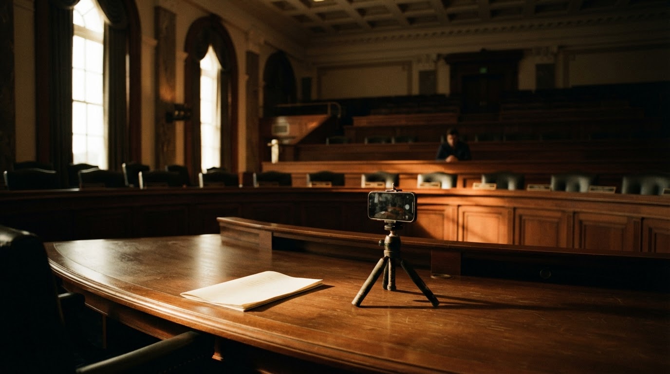 Empty Senate hearing room with a witness table, papers and a phone on a small tripod