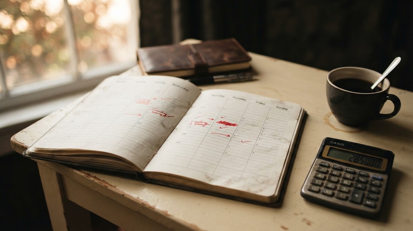 An open weekly planner with mostly empty hour blocks beside a calculator and a coffee cup on a desk.