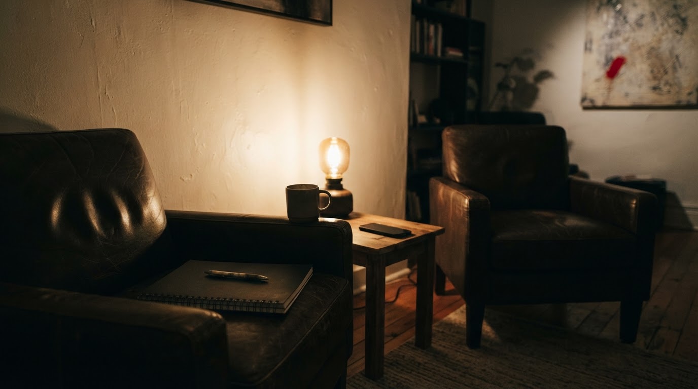 An empty client chair facing a coach's chair in a dimly lit consulting room, notebook and coffee untouched.