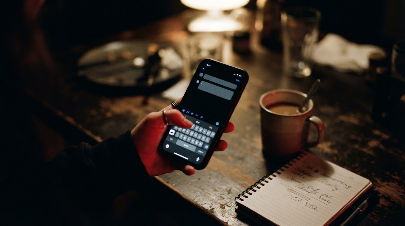 A hand holding a phone showing a social media post composer with a locked link field, on a kitchen table at night
