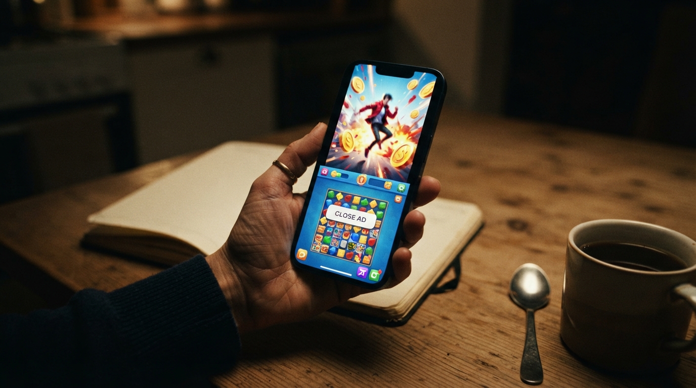 A hand holding a phone showing a vertical video ad interrupting a mobile game, on a dim kitchen table.