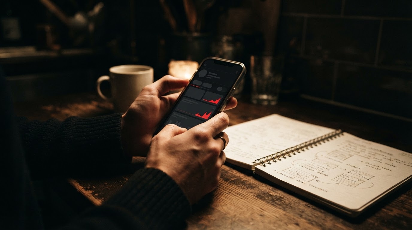 Hands holding a phone showing a creator dashboard on a dark kitchen table beside a notebook