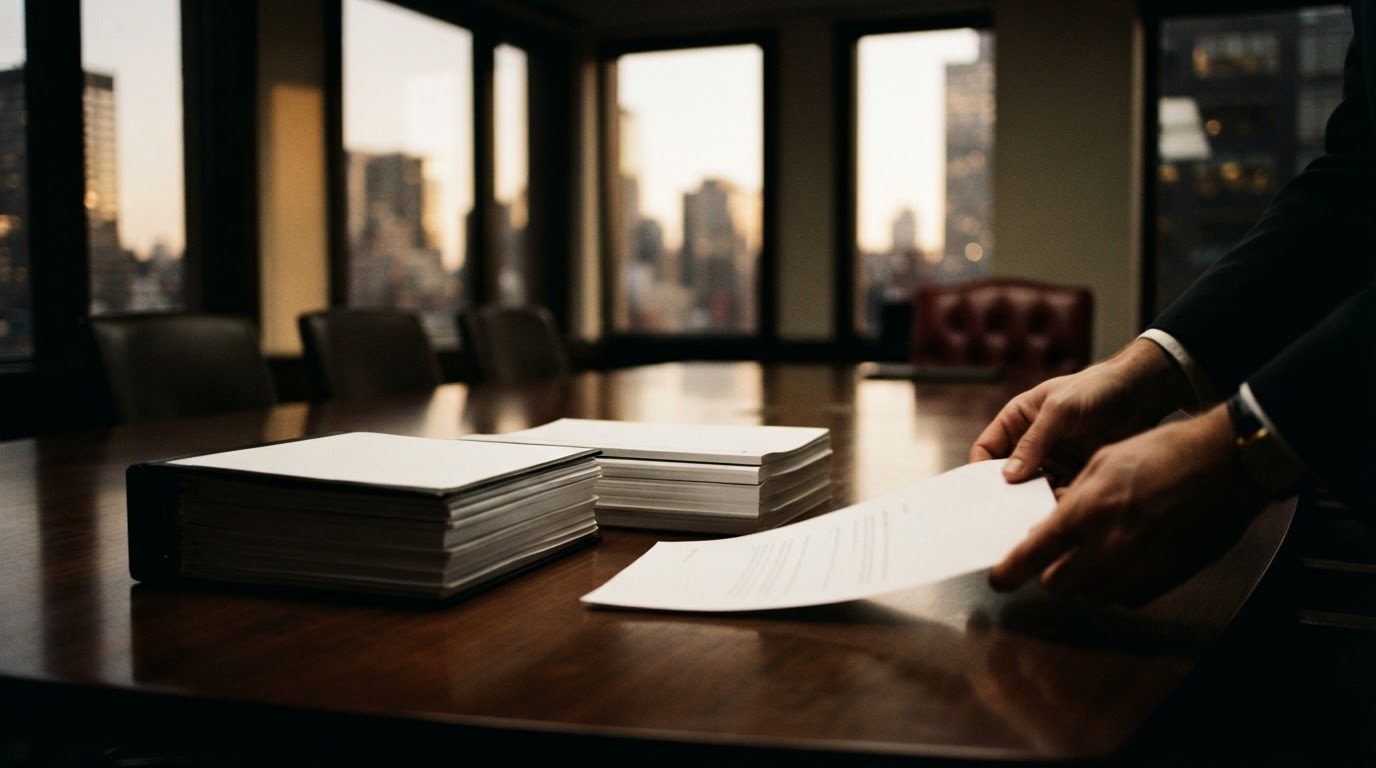 Anonymous hands sliding a signed document across a dark boardroom table beside stacks of corporate binders.