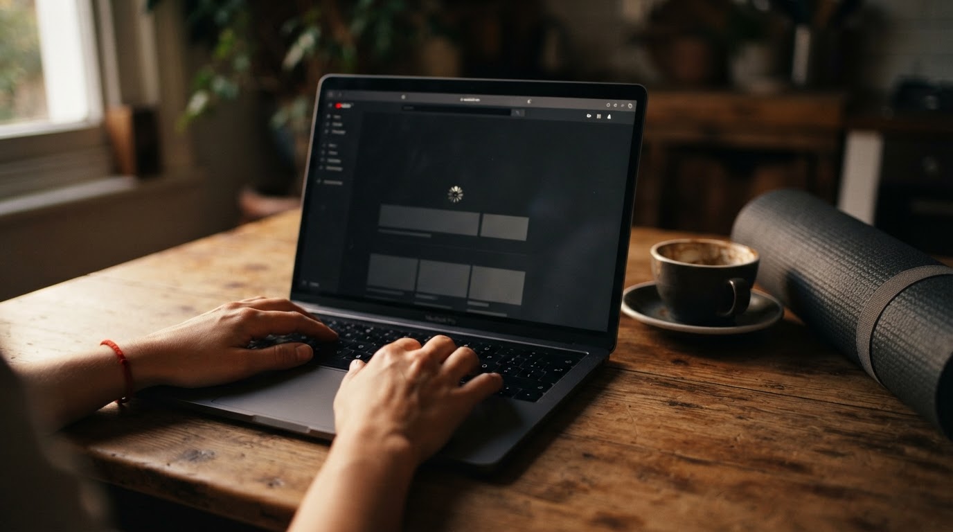 A laptop on a kitchen table displaying an empty video storefront page, with a rolled yoga mat and coffee cup nearby.