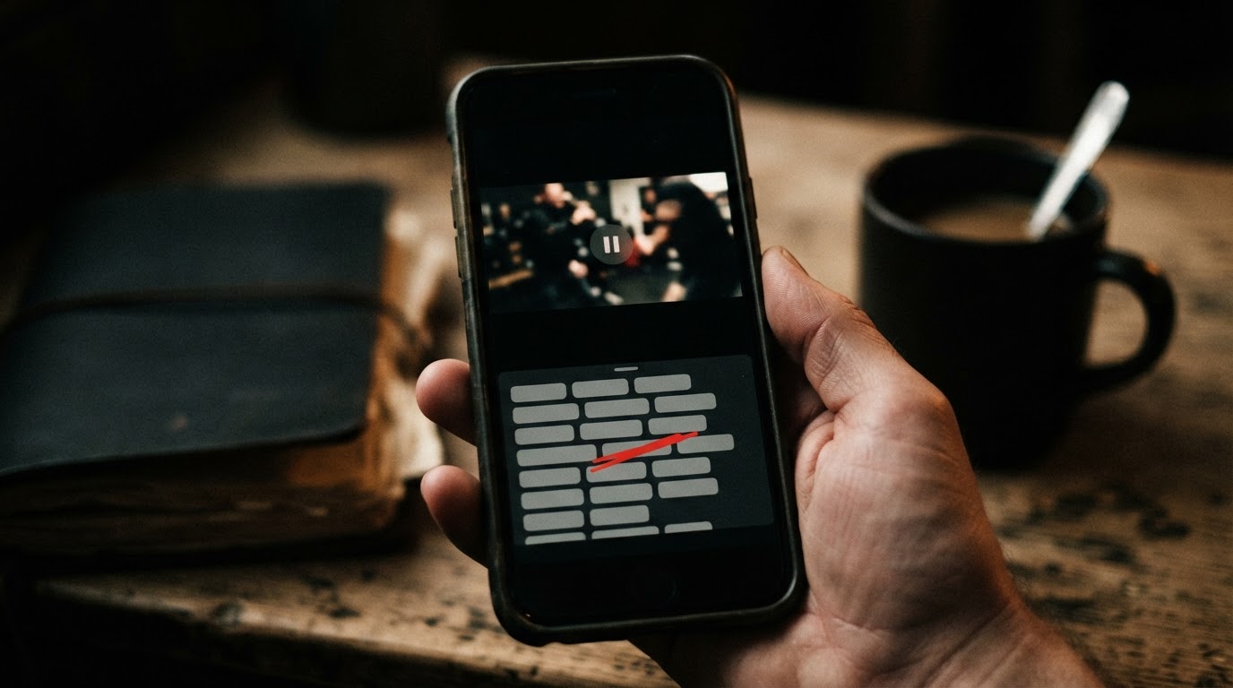 A hand holding a phone showing a paused vertical video with a list of keyword tags underneath, one crossed out