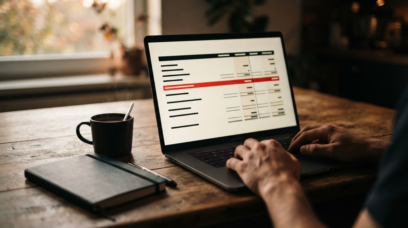 Hands at a laptop showing a financial statement on a kitchen table in warm afternoon light