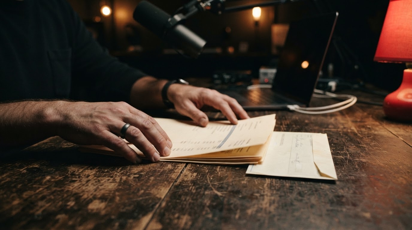 Hands passing a printed budget and envelope across a studio table beside a podcast microphone