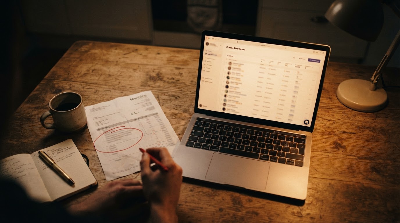 A laptop showing a course platform student list next to a printed invoice with a line item circled in red pen on a kitchen table