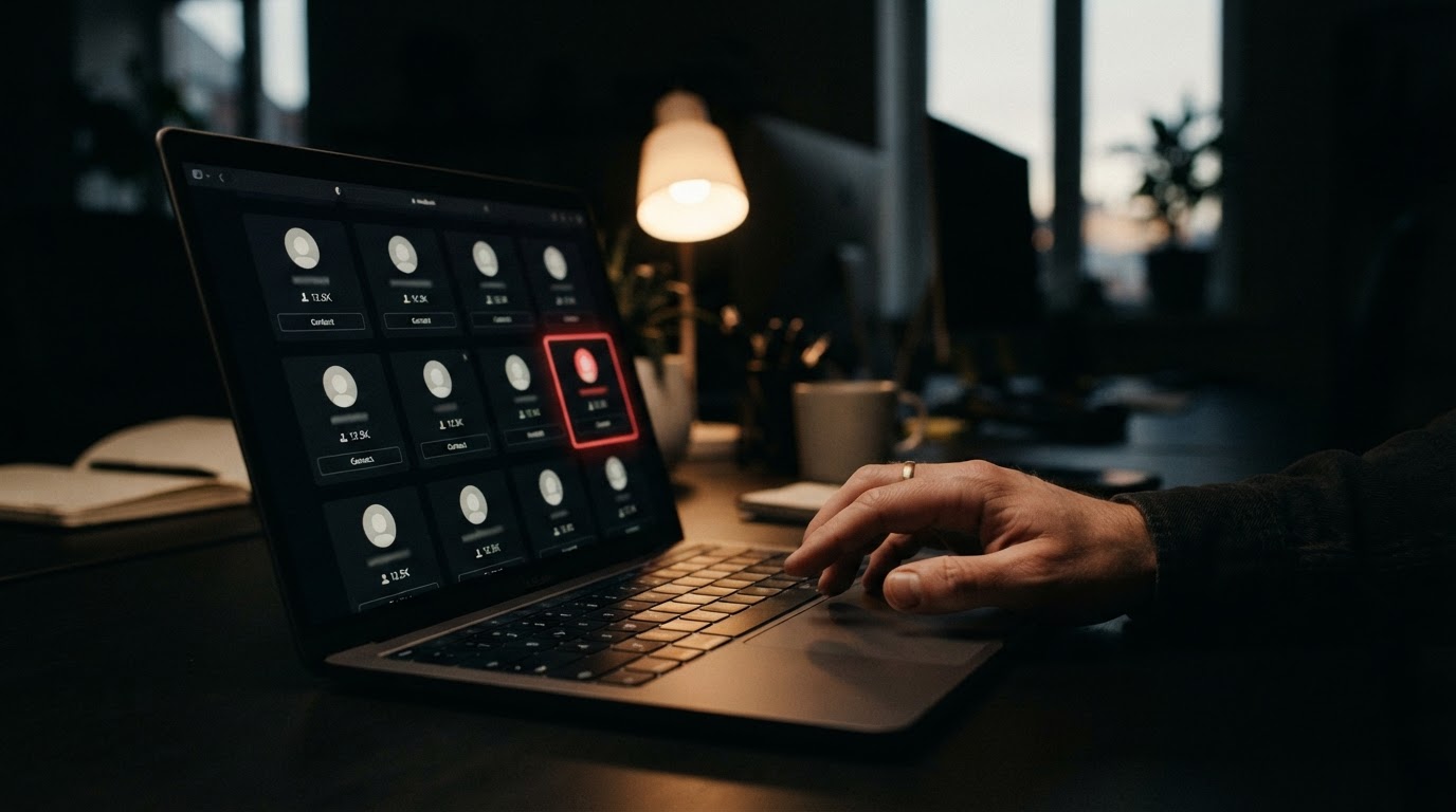 Hands at a laptop showing a grid of creator profile cards inside an advertising dashboard