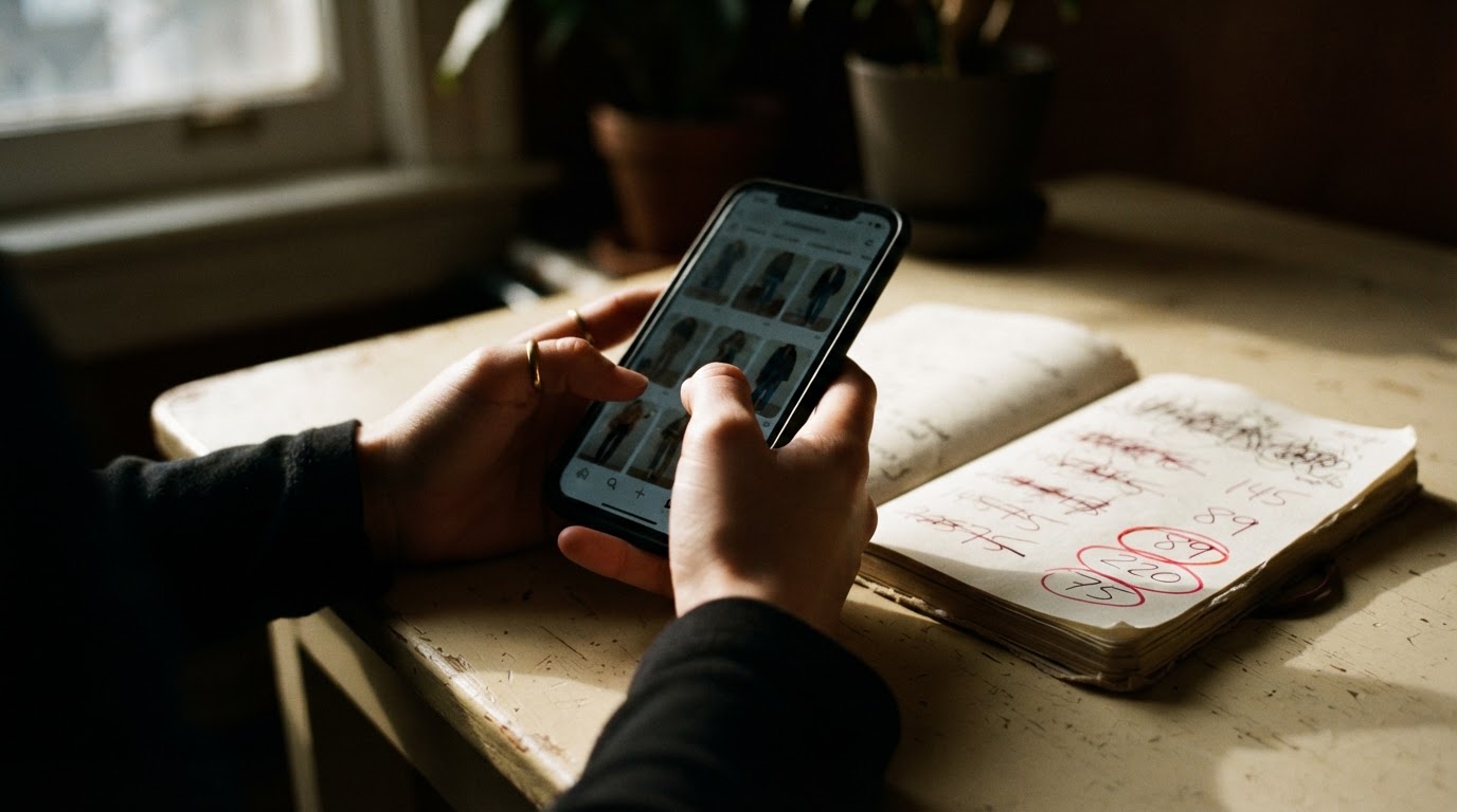 Hands holding a phone showing outfit images next to a notebook with prices written and circled in red.