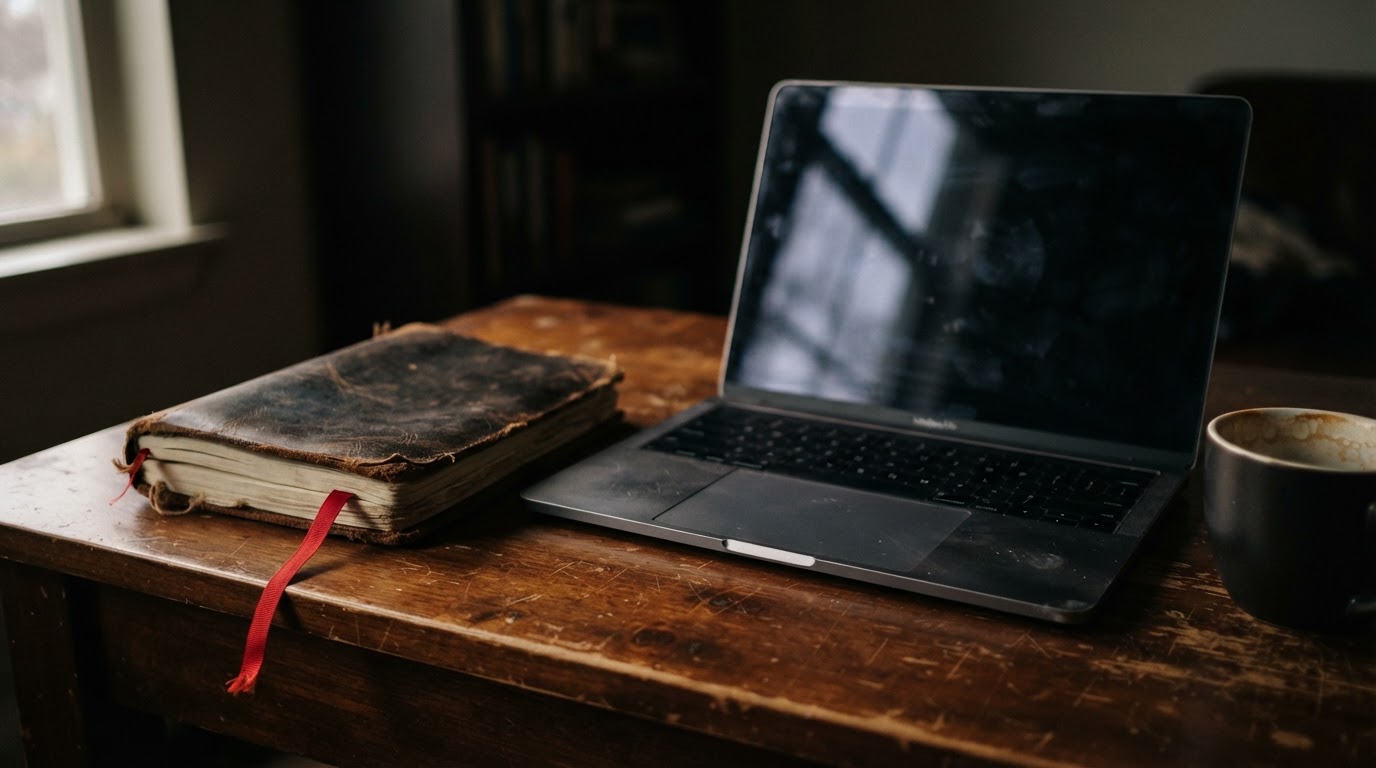 A closed laptop and a paper notebook on a desk in warm low light
