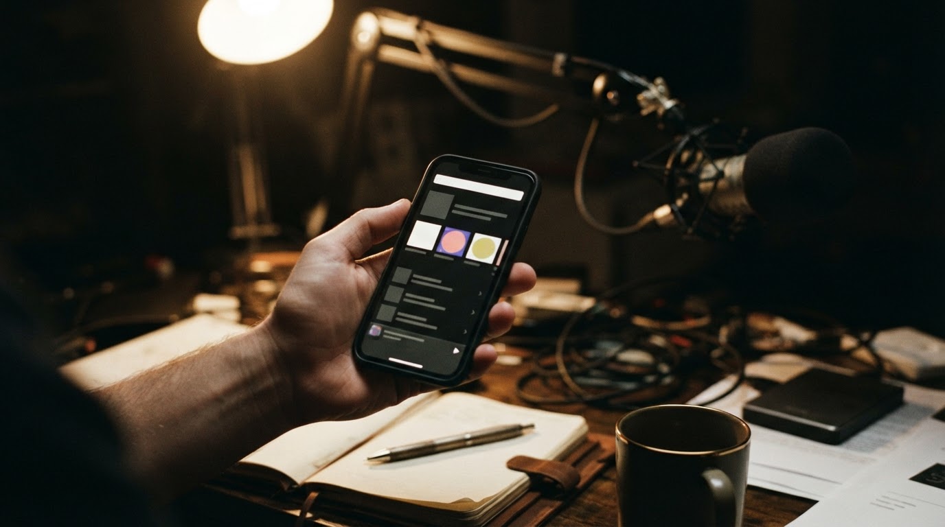 A hand holding a phone displaying a podcast app search screen, with a microphone blurred in the background.