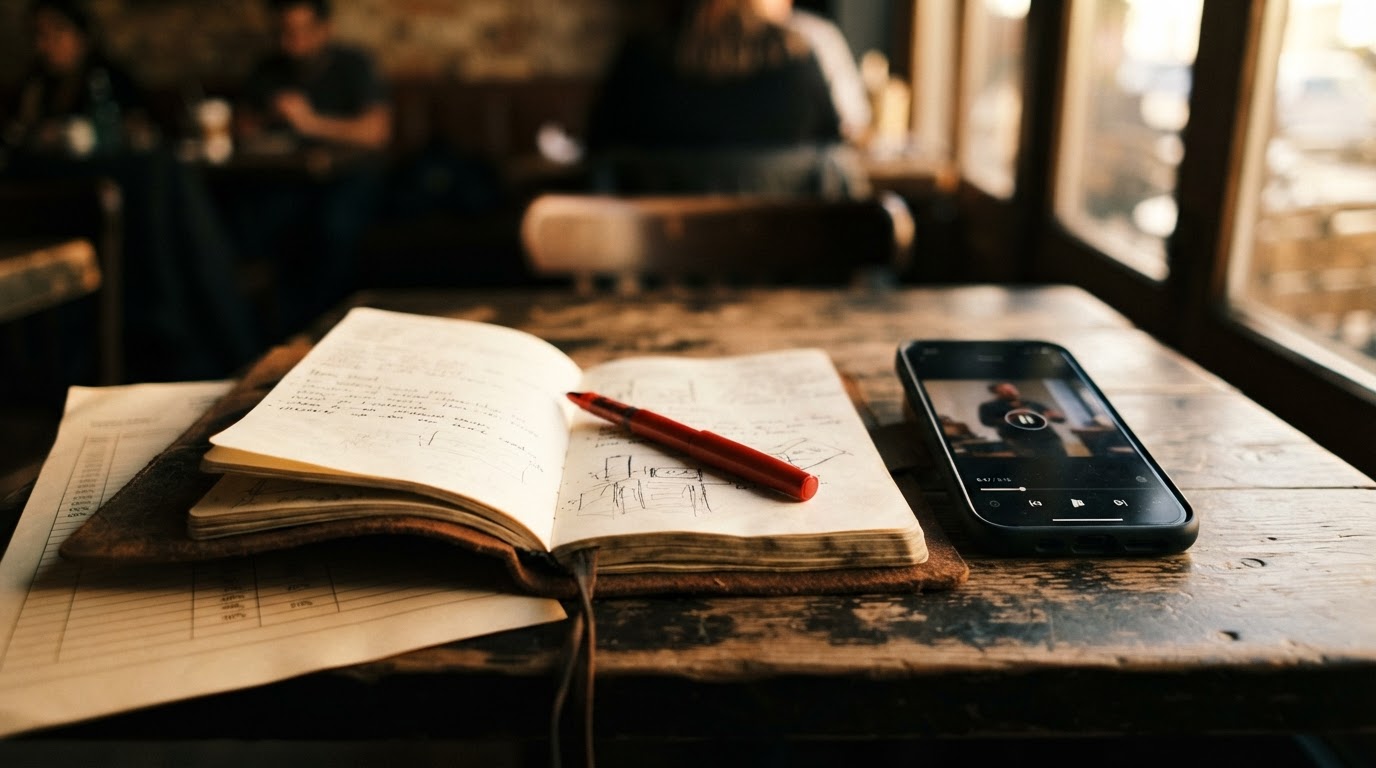 A notebook, a phone showing a paused vertical video, and a term sheet on a cafe table in warm light