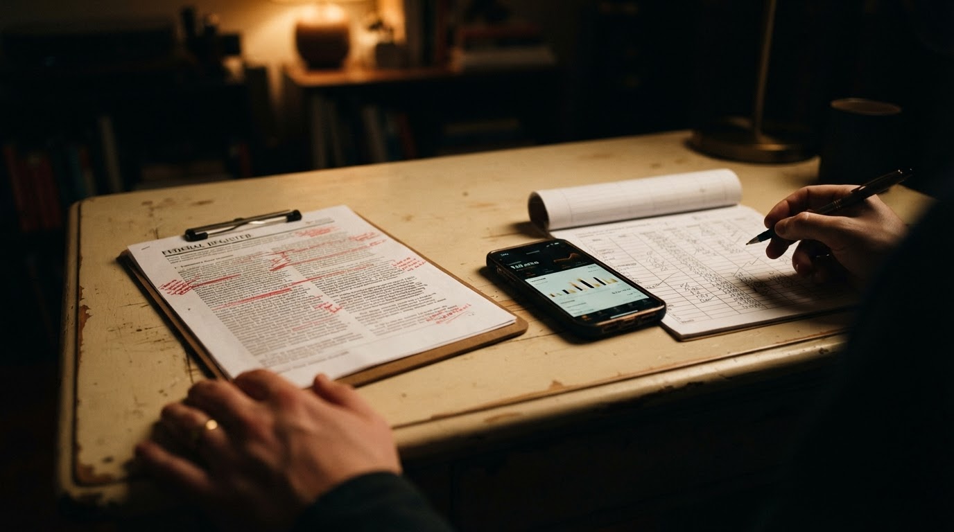 A marked-up federal rule document on a desk next to a phone showing an income screenshot and a handwritten spreadsheet