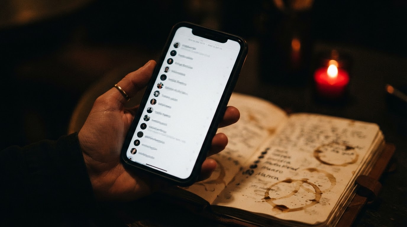 A hand holding a phone showing a Story viewer list with names blurred out, a notebook of prospect names behind it.