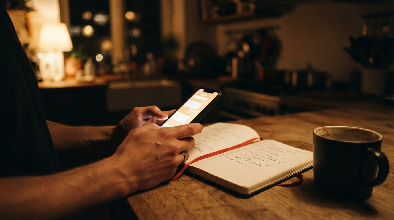 Hands holding a glowing phone showing a chat conversation at a dark kitchen table beside a notebook with a handwritten meal plan