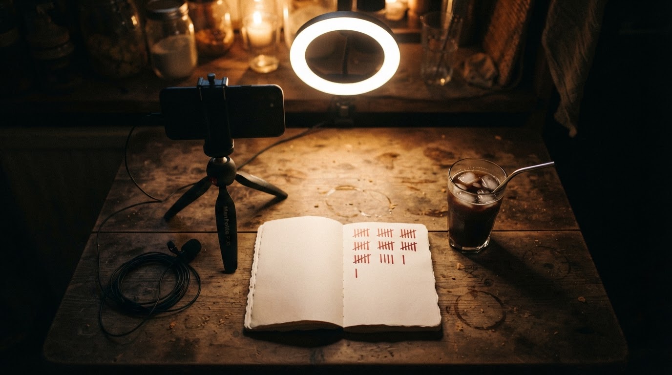 A phone on a tripod beside a notebook marked with sixteen red tally marks on a kitchen table at night