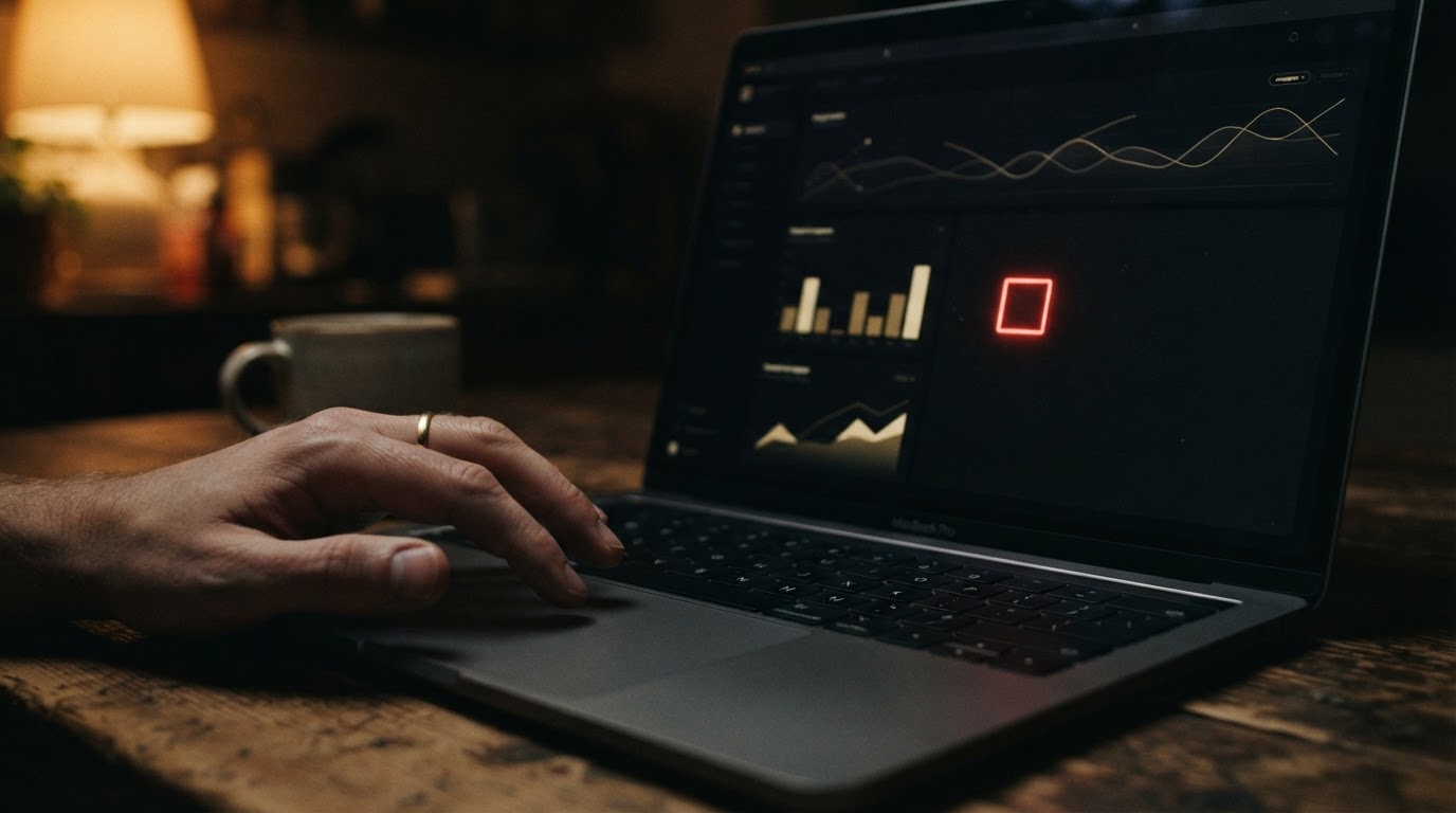 A hand hovering over a laptop trackpad with a monetization dashboard and an unchecked acceptance box on screen