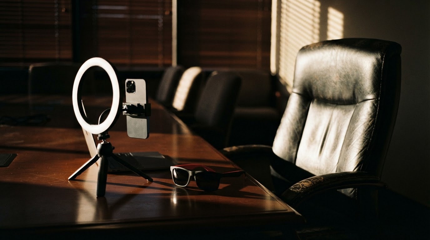 An empty boardroom chair at a conference table with a phone on a tripod and ring light set up beside it