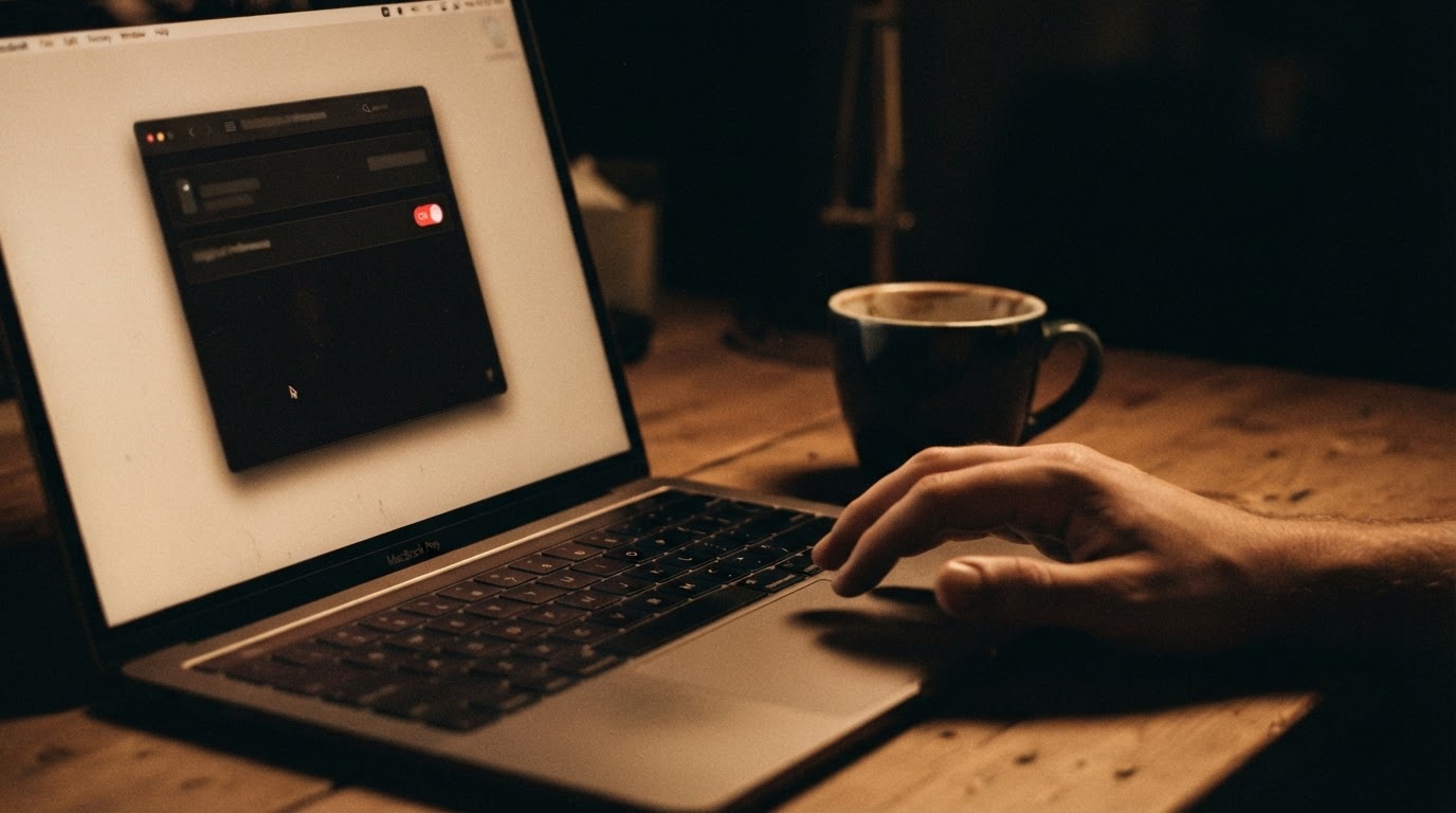 Hand hovering over a laptop trackpad with an advertising settings toggle switched on