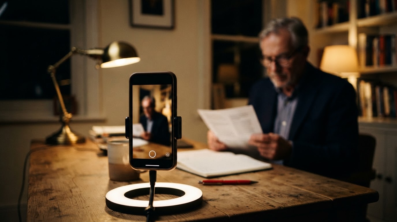 A phone on a ring light showing a paused vertical video, with a blurred older professional reading at a desk behind it
