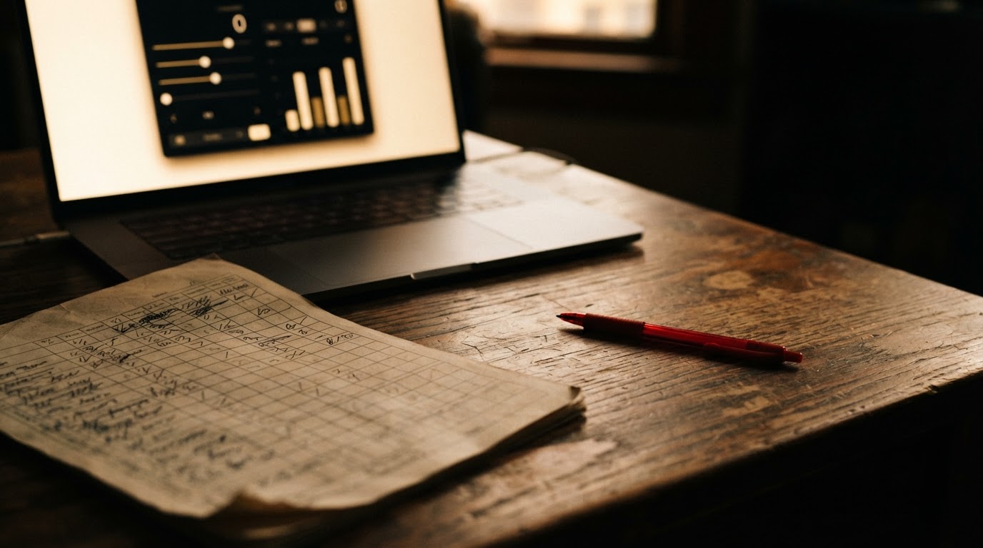 A printed paper assessment scorecard on a desk, overlapped by a laptop screen showing an interactive digital calculator and chart.