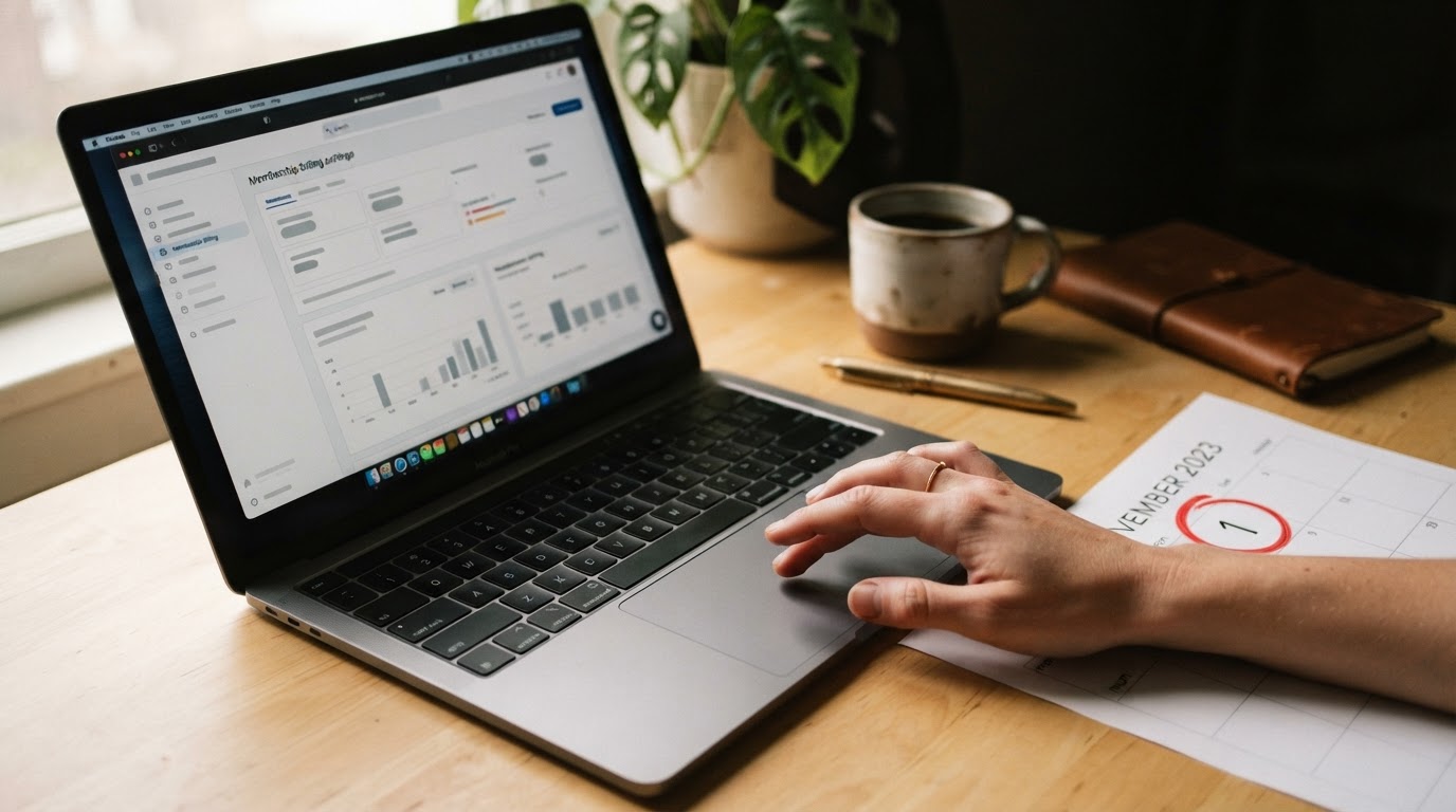 Hands at a laptop showing billing settings next to a calendar with November 1 circled in red