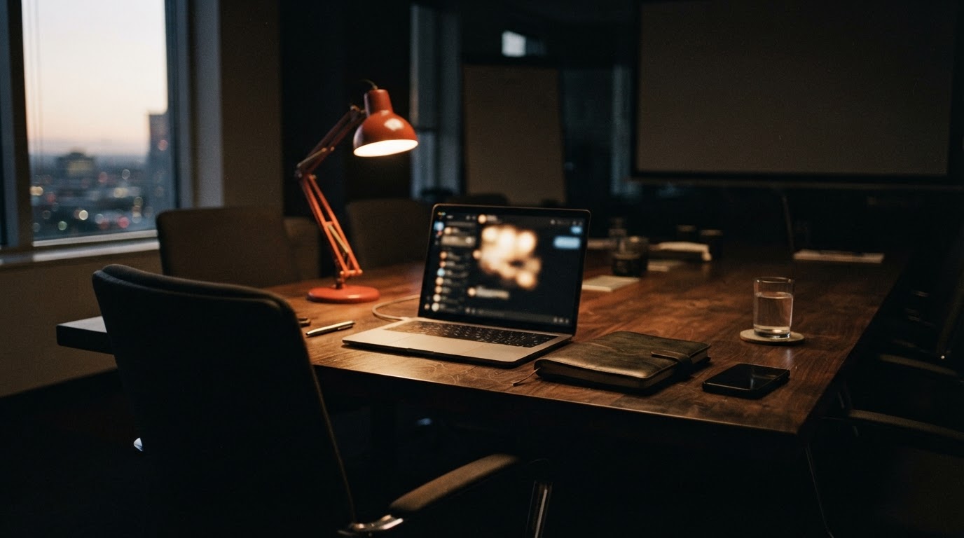 An empty chair at a dark conference table beside an open laptop showing a chat interface.