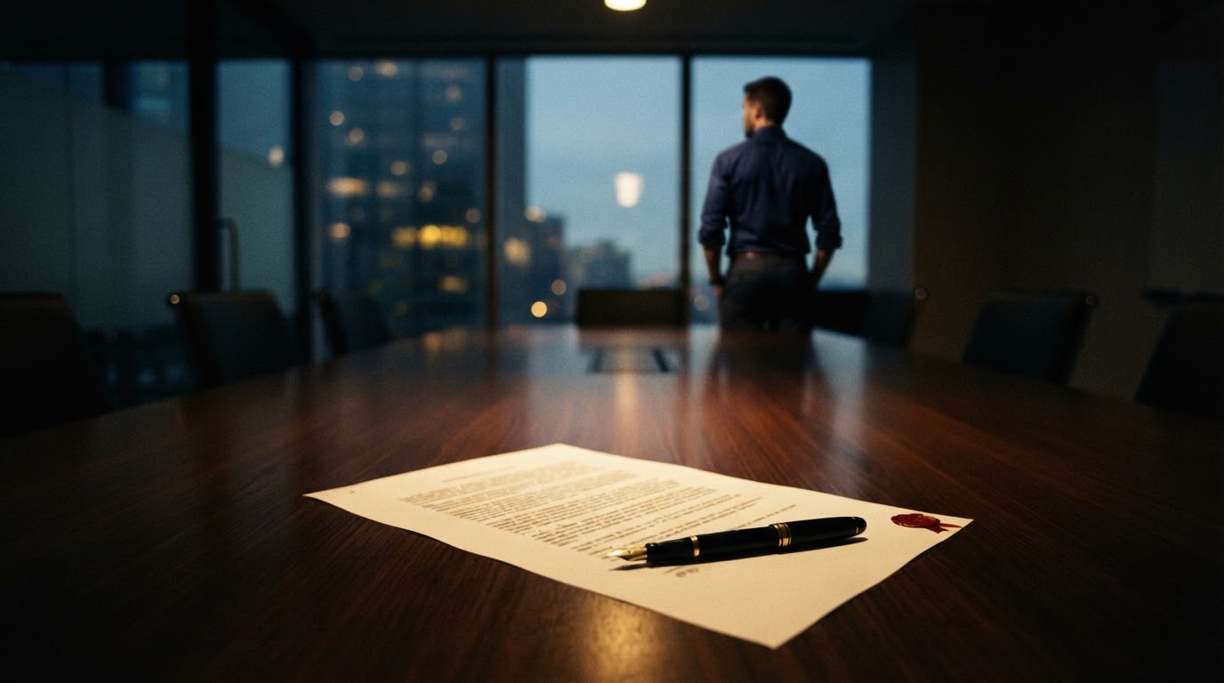 A term sheet and pen on a dark conference table, an unidentified figure standing by a window in the background