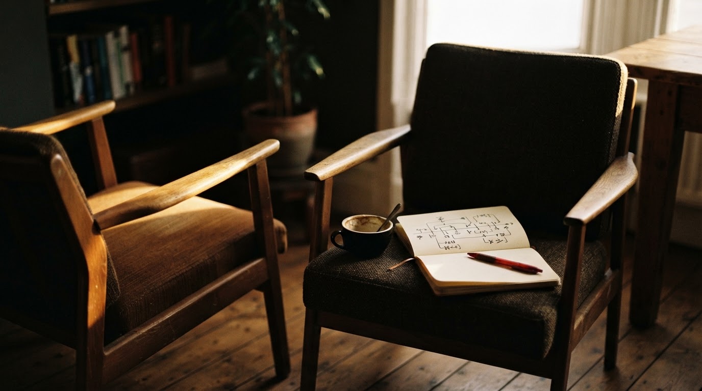Two empty chairs facing each other with an open notebook and a red pen on one seat, lit by late afternoon light