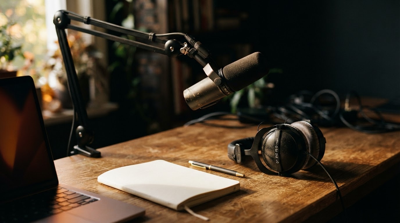 A microphone, headphones and notebook on a warm wooden desk in a small home podcast studio.