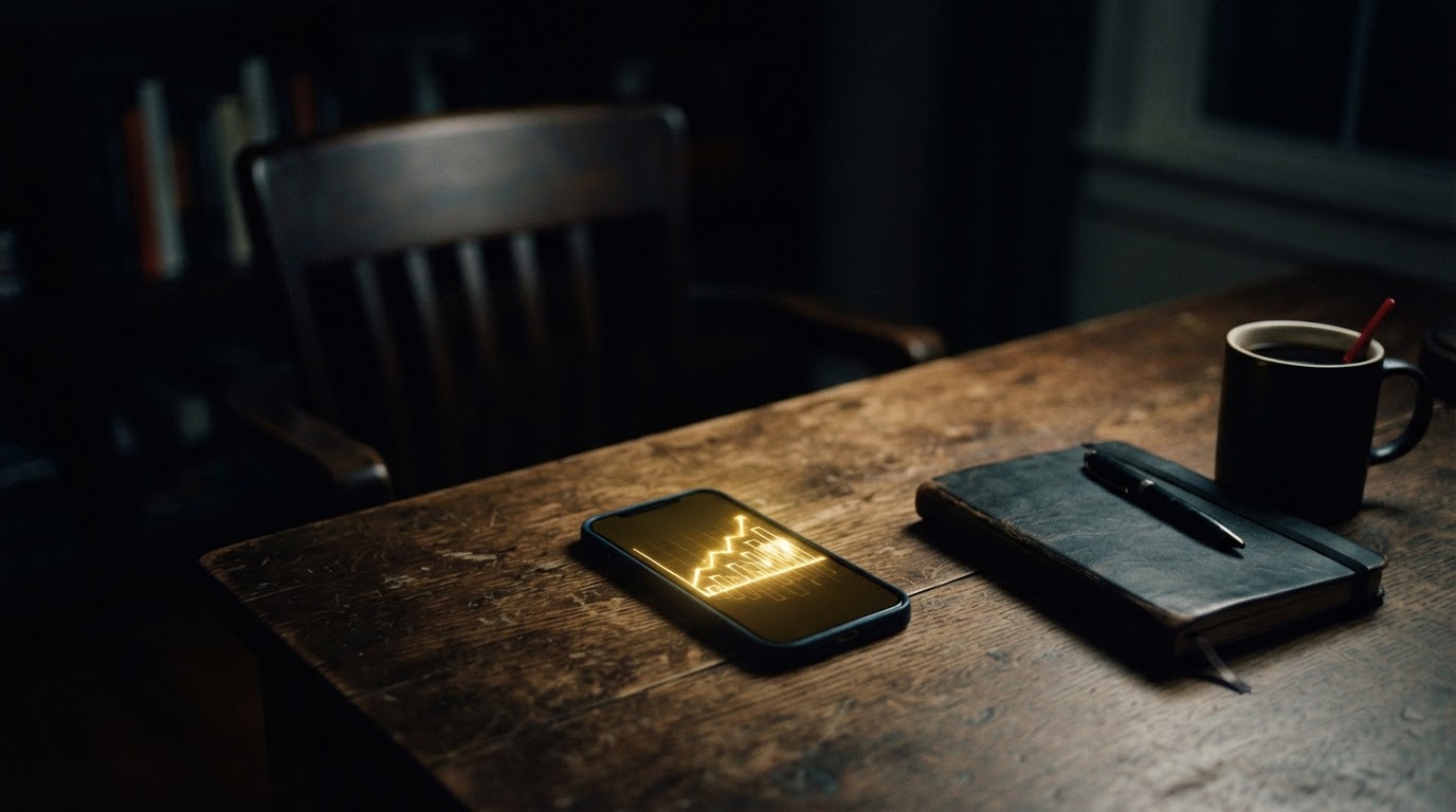 A phone displaying a rising analytics chart glows on an empty desk at night beside a closed notebook.