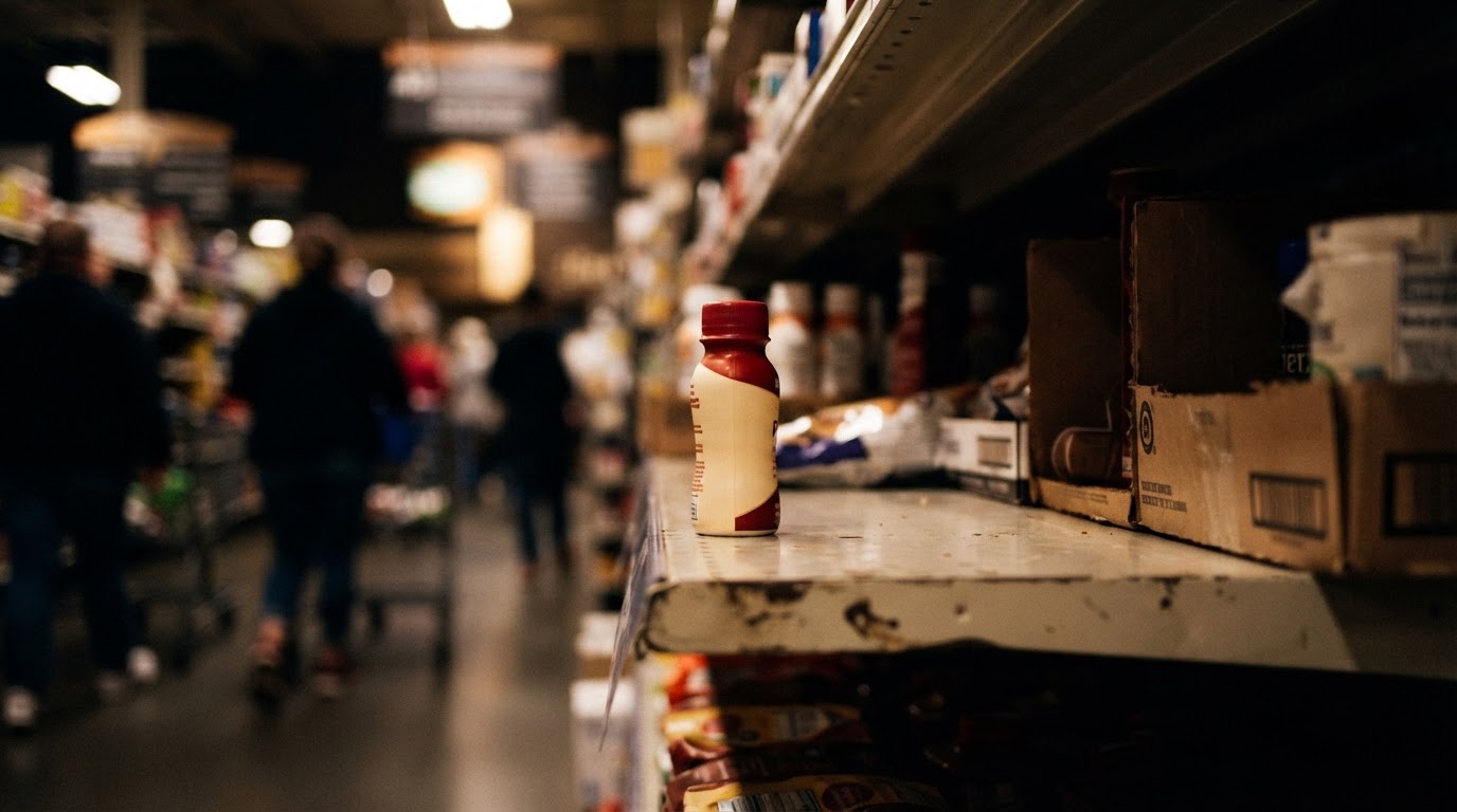 A small protein shot bottle on a brightly lit retail store shelf with blurred shoppers behind it