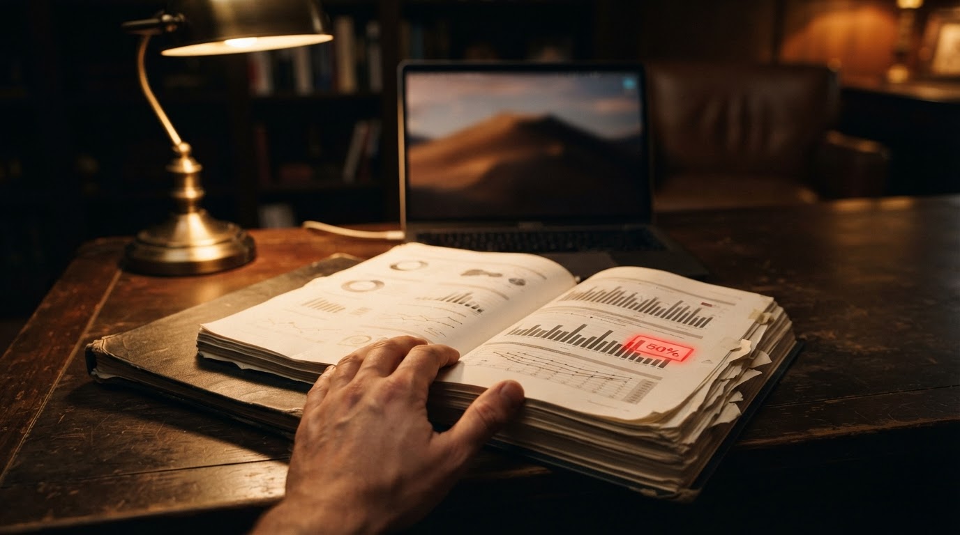 A thick printed research report full of charts on a dark desk under a warm lamp, with a hand resting on the cover