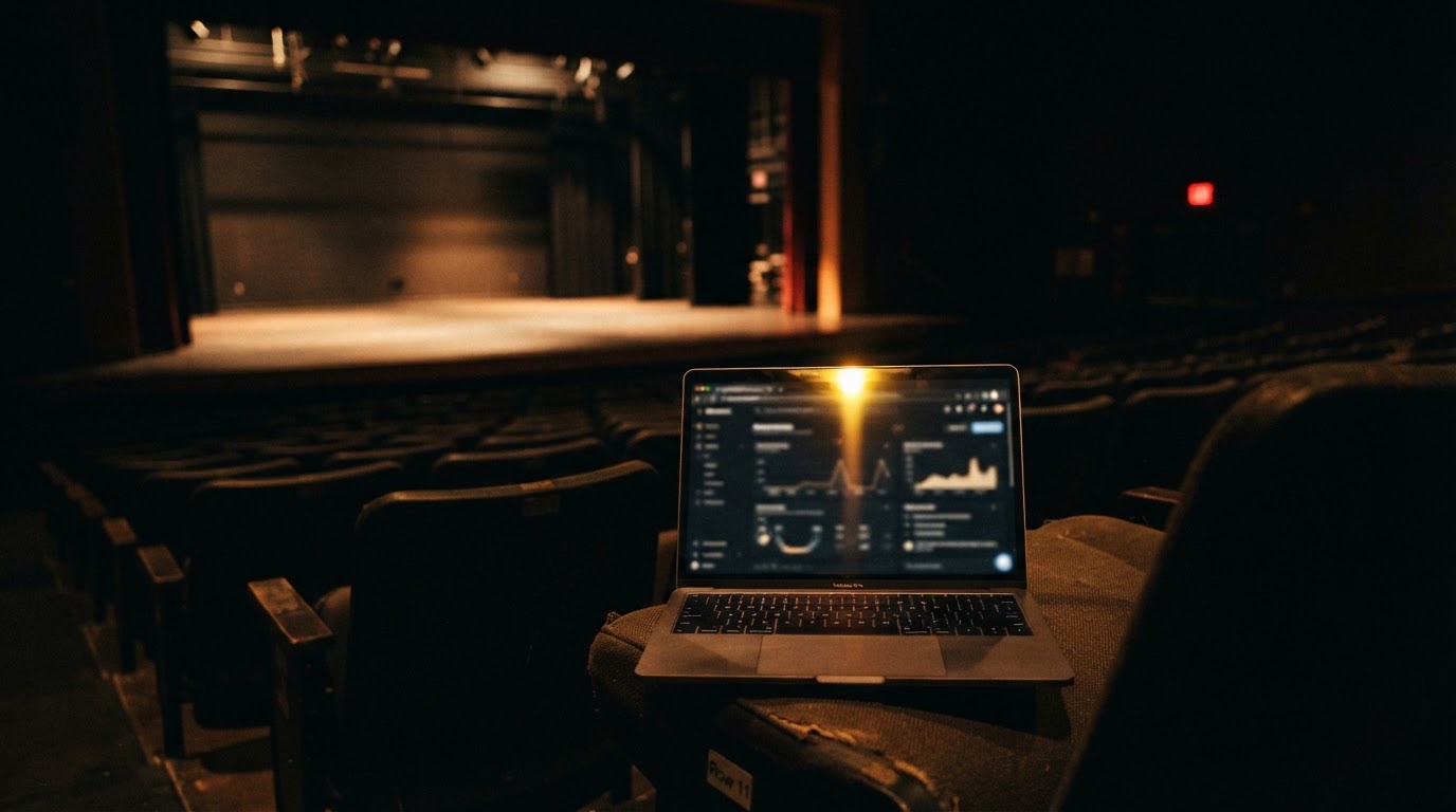 An empty conference auditorium with a single open laptop glowing on a front-row seat, stage lit in the background.