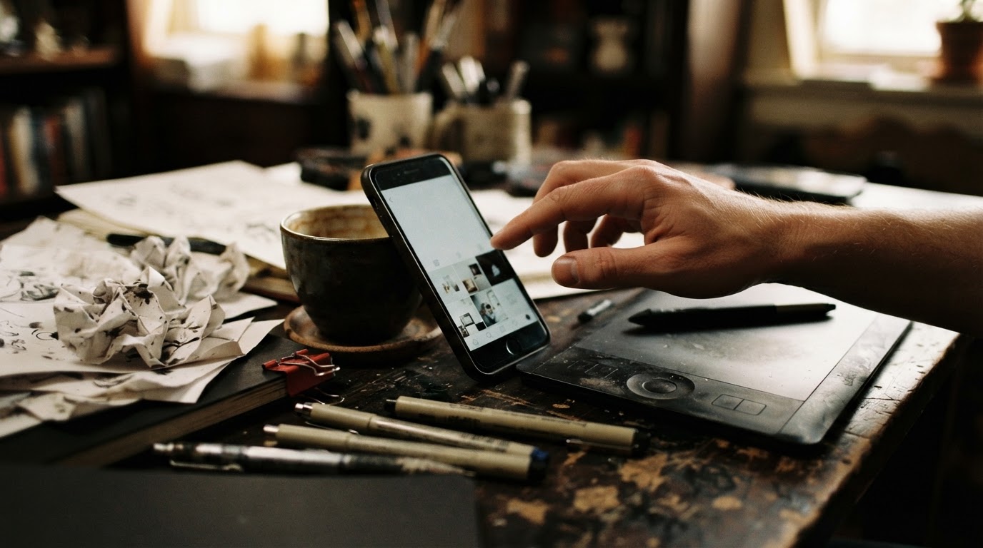 A cluttered creator's desk with a phone showing a social feed, a drawing tablet and sketch paper in warm low light