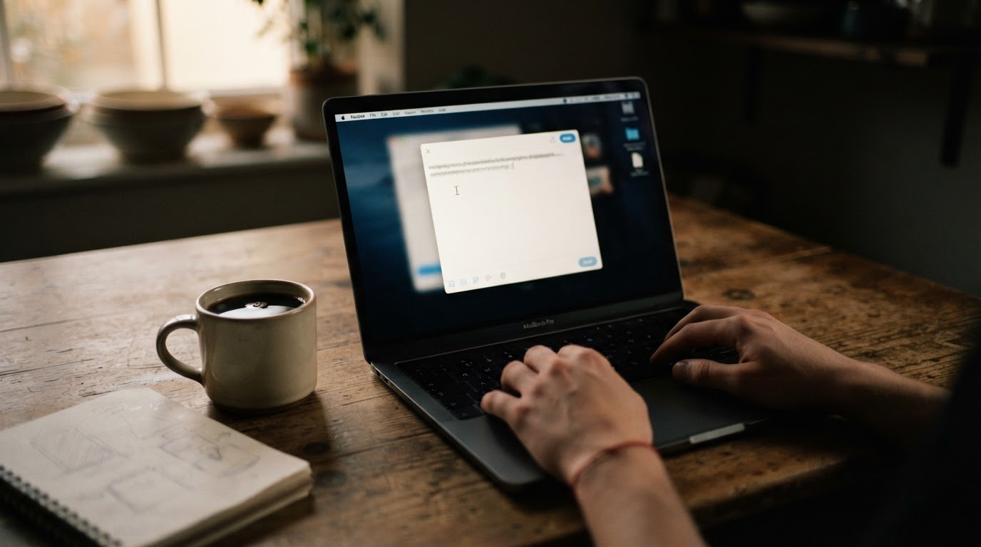 A laptop on a kitchen table showing an empty social media post composer with a blinking cursor, hands resting on the keyboard.