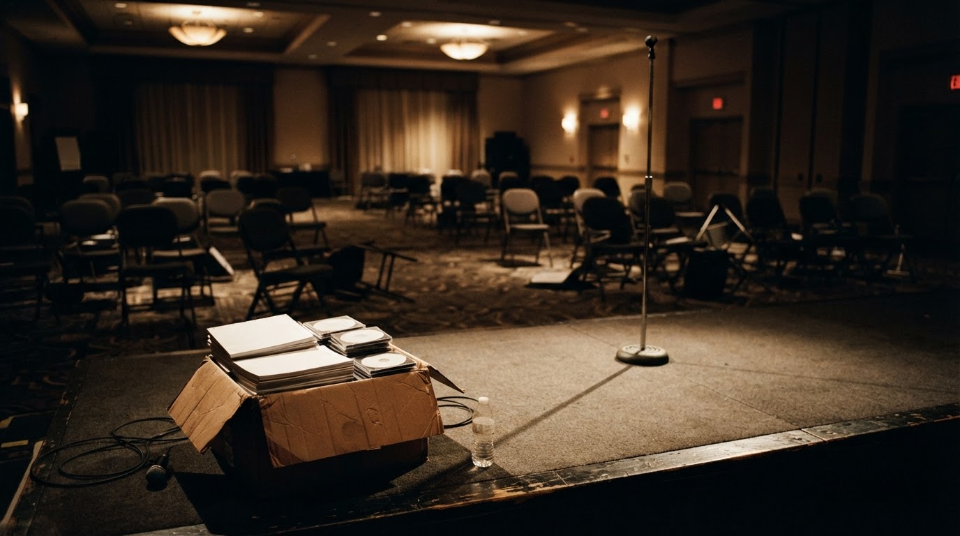 An empty hotel ballroom after a seminar, with a box of training materials left on the stage.