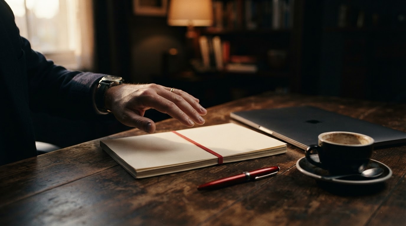 A hand hovering over a face-down printed proposal on a dark desk next to a coffee cup and closed laptop