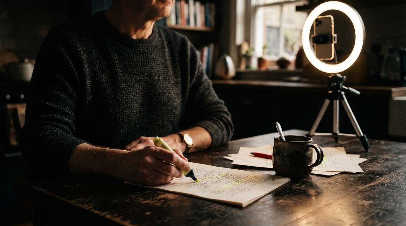 Anonymous person filming a video at a kitchen table with a ring light, phone tripod and printed script