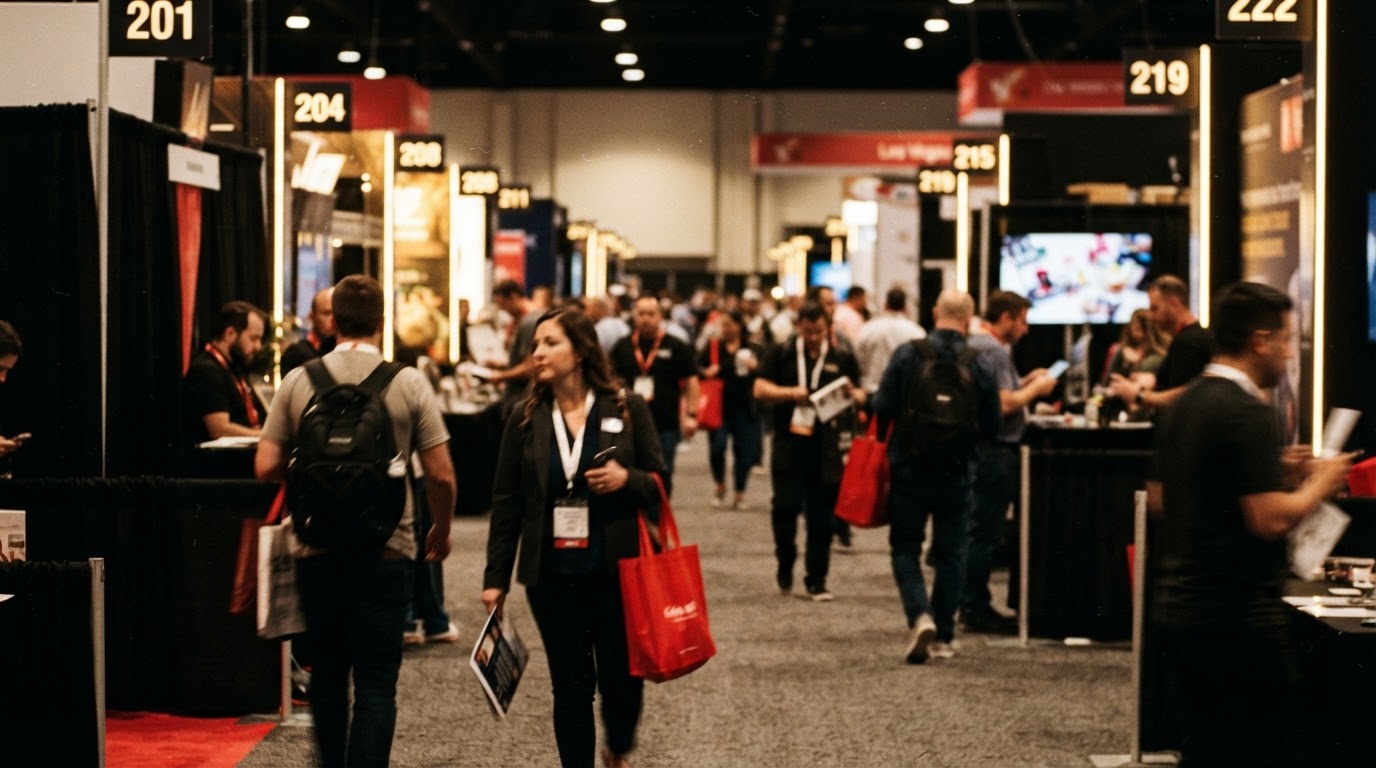 Attendees with conference lanyards walking through a busy HR technology expo hall lined with vendor booths.