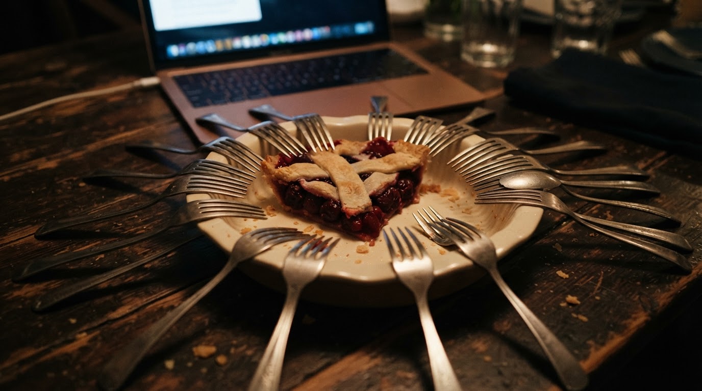 A nearly empty pie dish surrounded by dozens of forks reaching toward the last slice.