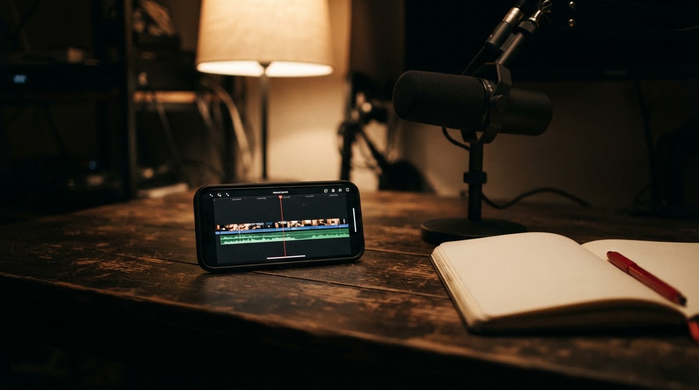A phone turned horizontally on a desk next to a podcast microphone and notebook under warm lamp light.
